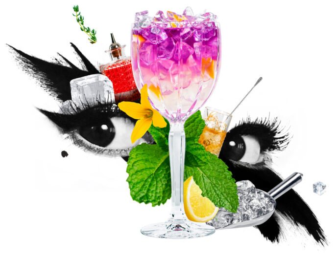 Photo collage with purple cocktail and eyes with mint leaves and bar tools