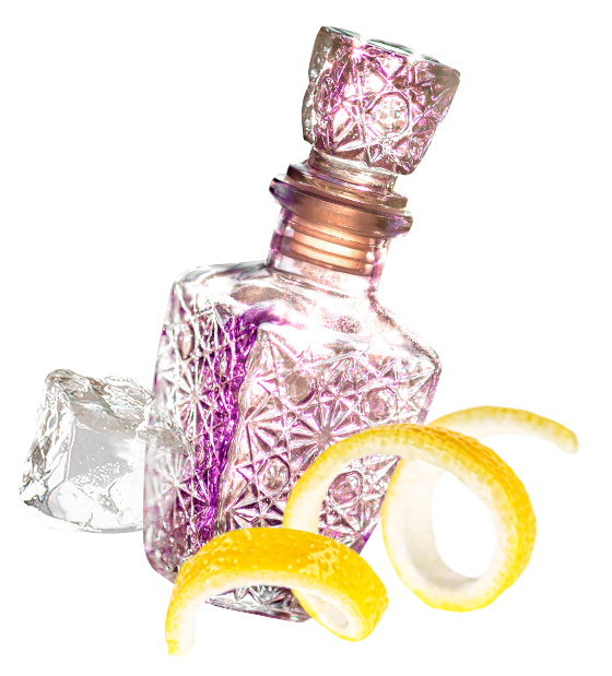 Decorative bottle, ice cube and thin lemon twist