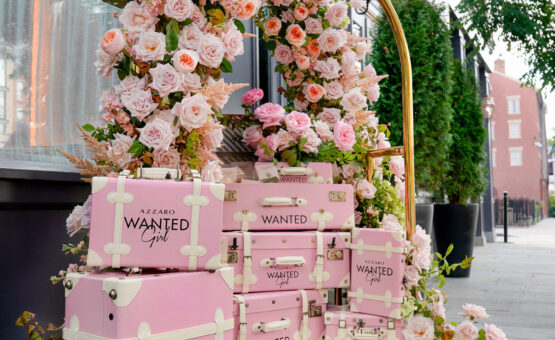 Arch of pink roses with pink luggages next to it