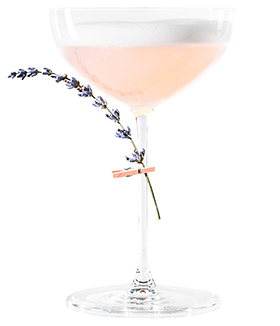 Light pink cocktail with white foam in coupe glass and attached sprig of lavender